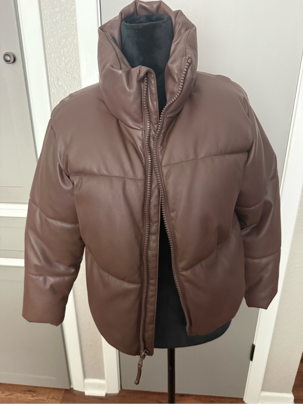 Old Navy Brown Faux Leather Puffer Jacket - Picture 2 of 3